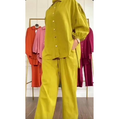 Solid 2 pc co-ord set - shirt and trouser with bell bottoms