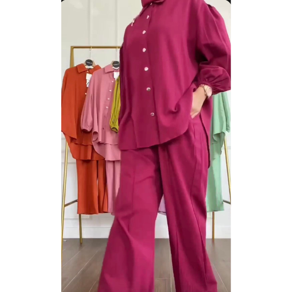 Solid 2 pc co-ord set - shirt and trouser with bell bottoms