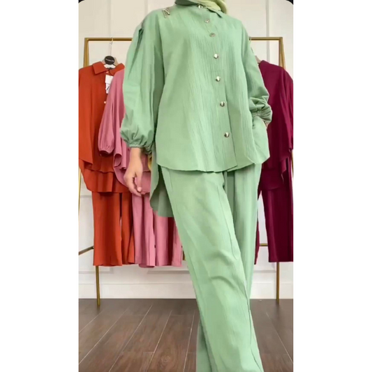 Solid 2 pc co-ord set - shirt and trouser with bell bottoms