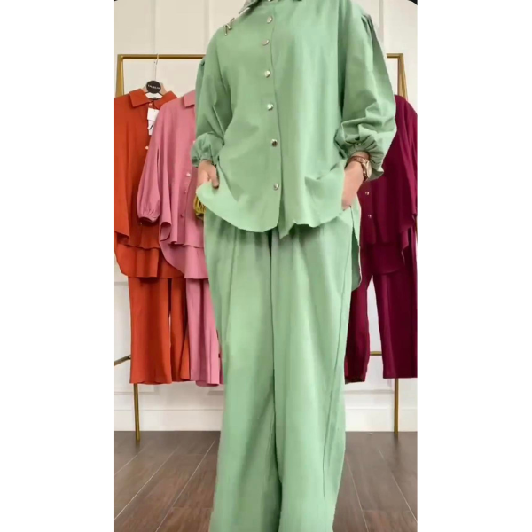 Solid 2 pc co-ord set - shirt and trouser with bell bottoms