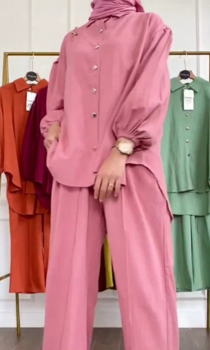 Solid 2 pc co-ord set - shirt and trouser with bell bottoms