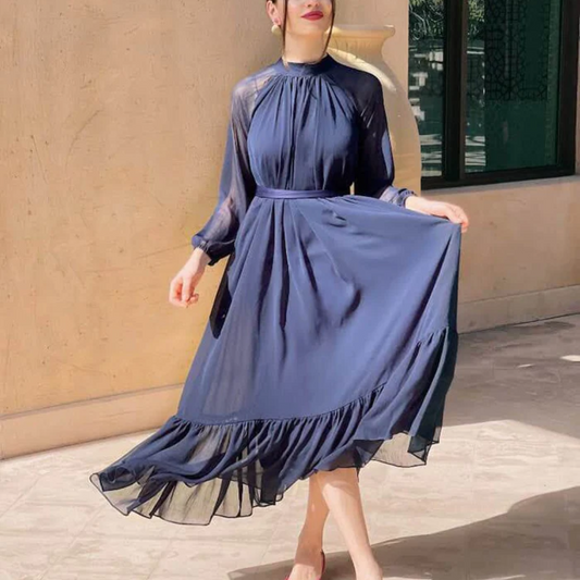 Navy Blue - High-neck detailed chiffon dress