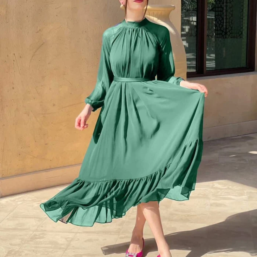 Basil Green - High-neck detailed chiffon dress