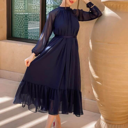 Navy Blue - High-neck detailed chiffon dress