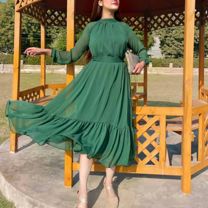 Basil Green - High-neck detailed chiffon dress