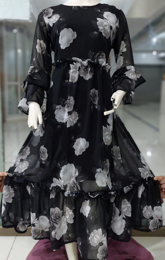 SABLE- Chiffon Long Dress with Frilled Sleeves