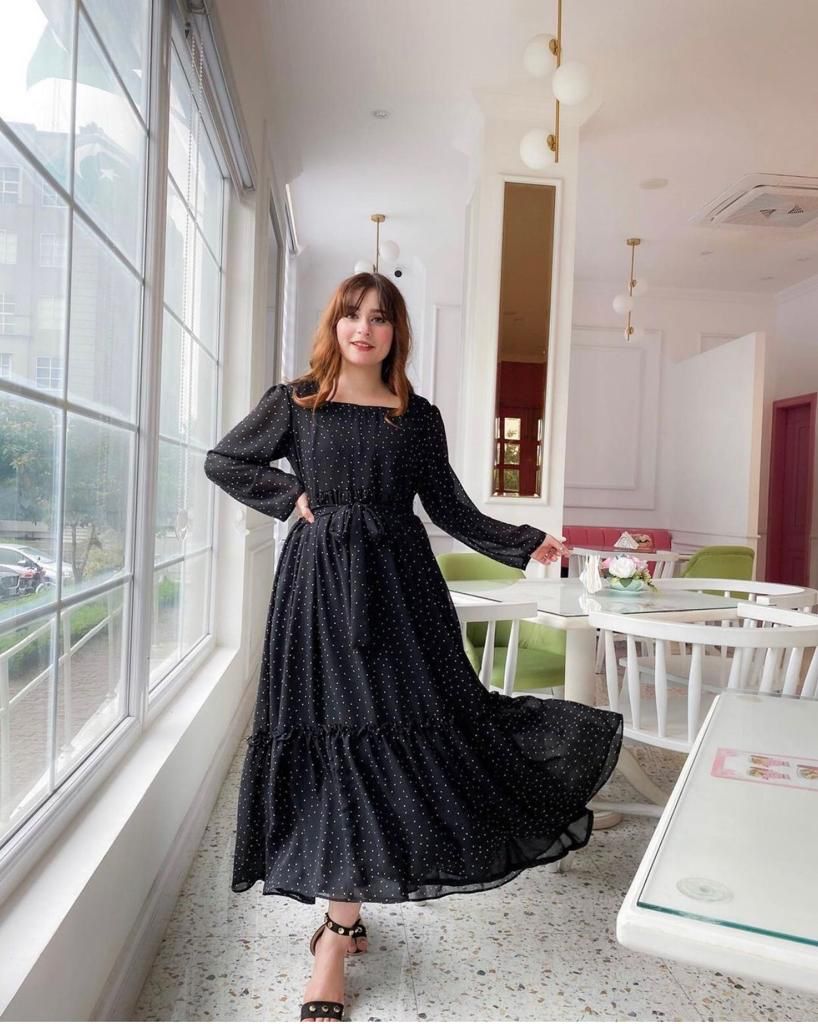 Black Pola Multi-Frilled Chiffon Long Dress