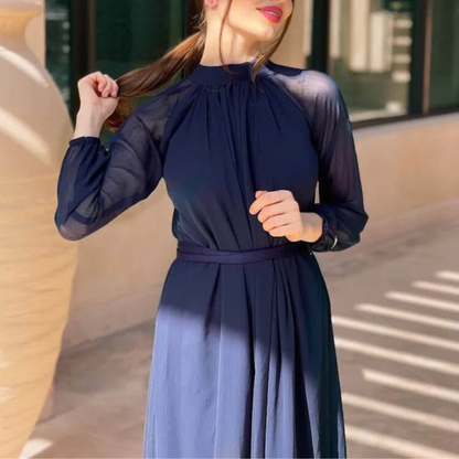 Navy Blue - High-neck detailed chiffon dress