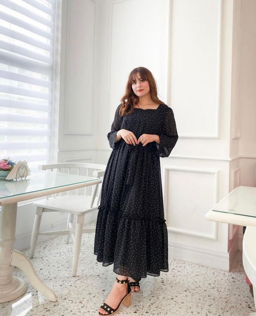 Black Pola Multi-Frilled Chiffon Long Dress