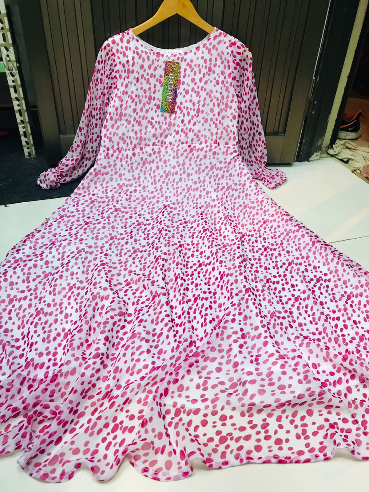 Pink Polka dot Elegant Long Chiffon Dress